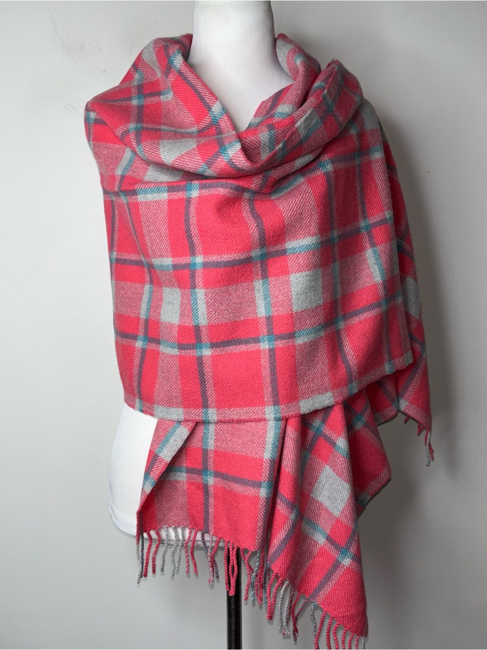 NEW J. Crew Pink Tartan Pink and Gray Plaid Fringe Wool Scarf Wrap Shawl